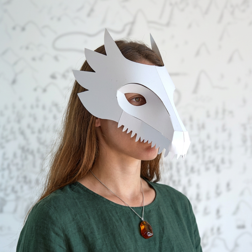 A woman wearing a white paper dragon mask, shown from the chest up against a white wall with faint hand-drawn sketches.