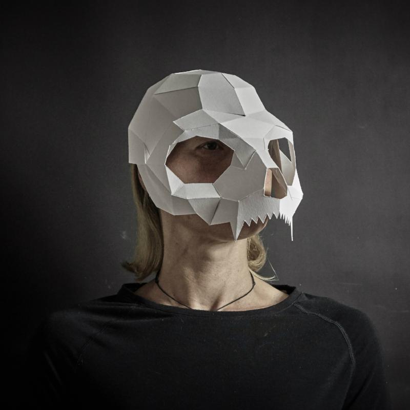 Cat Skull Mask | Wearable Paper Animal Sculpture | Instant Download - Wintercroft-Mask